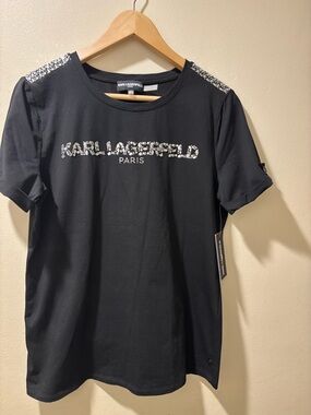 Karl Lagerfeld Black Tee with Silver Sequin Logo